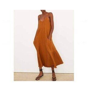 Zara Gauze Airy Long Dress Pullover V Neck Tiered Tie Strap Cotton Burnt Color S